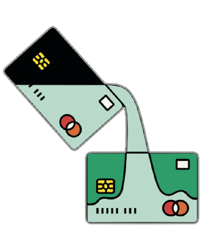 Illustration of 2 credit cards, which one credit card pouring its content into the other