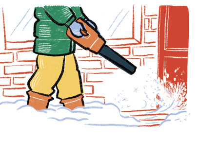 Illustration of a person in the snow using a leaf blower to clear snow from the front porch.
