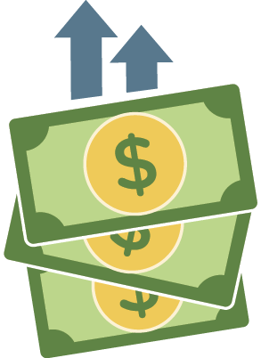 Illustration of multiple bills stacked, with an upwards arrow above it