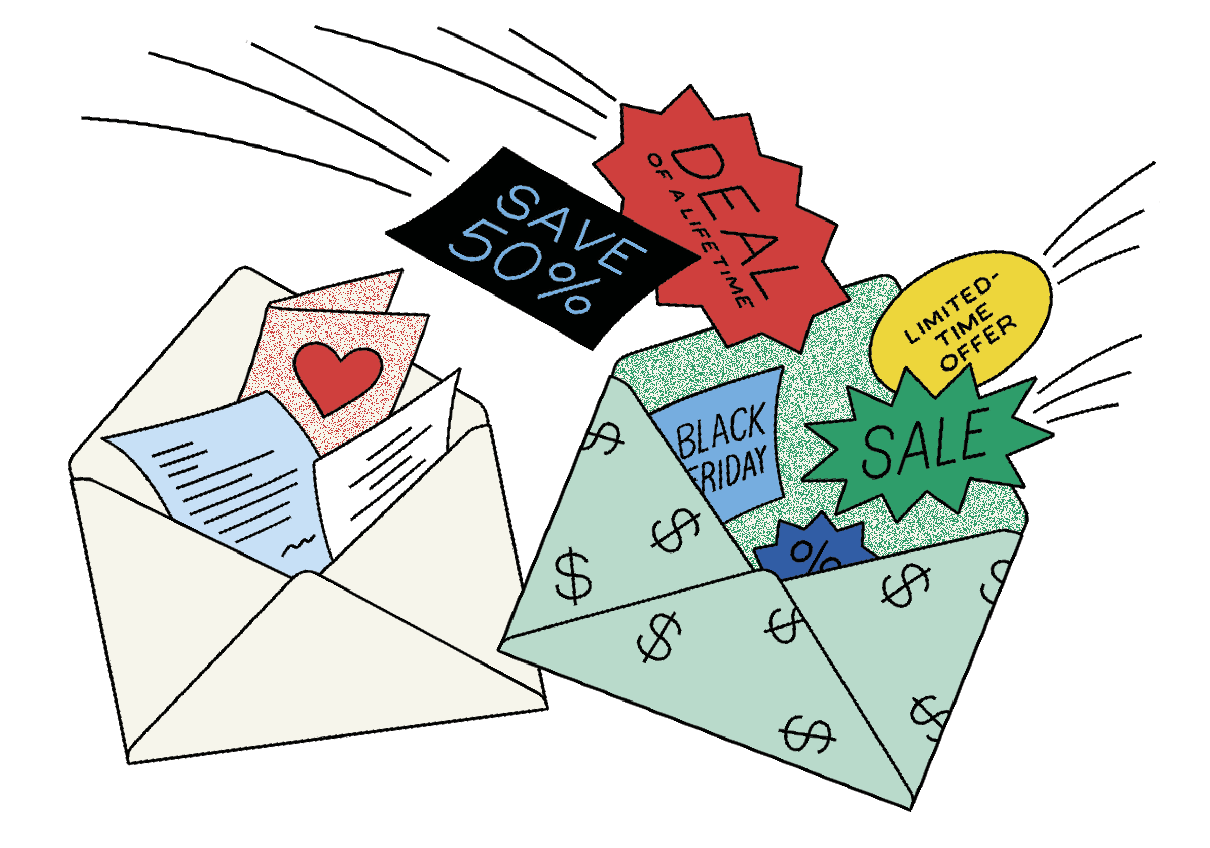 Illustration of 2 open envelopes with coupons, discount codes and deals spilling out of it
