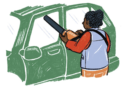 Illustration of a person using a leaf blower on to dry their car.