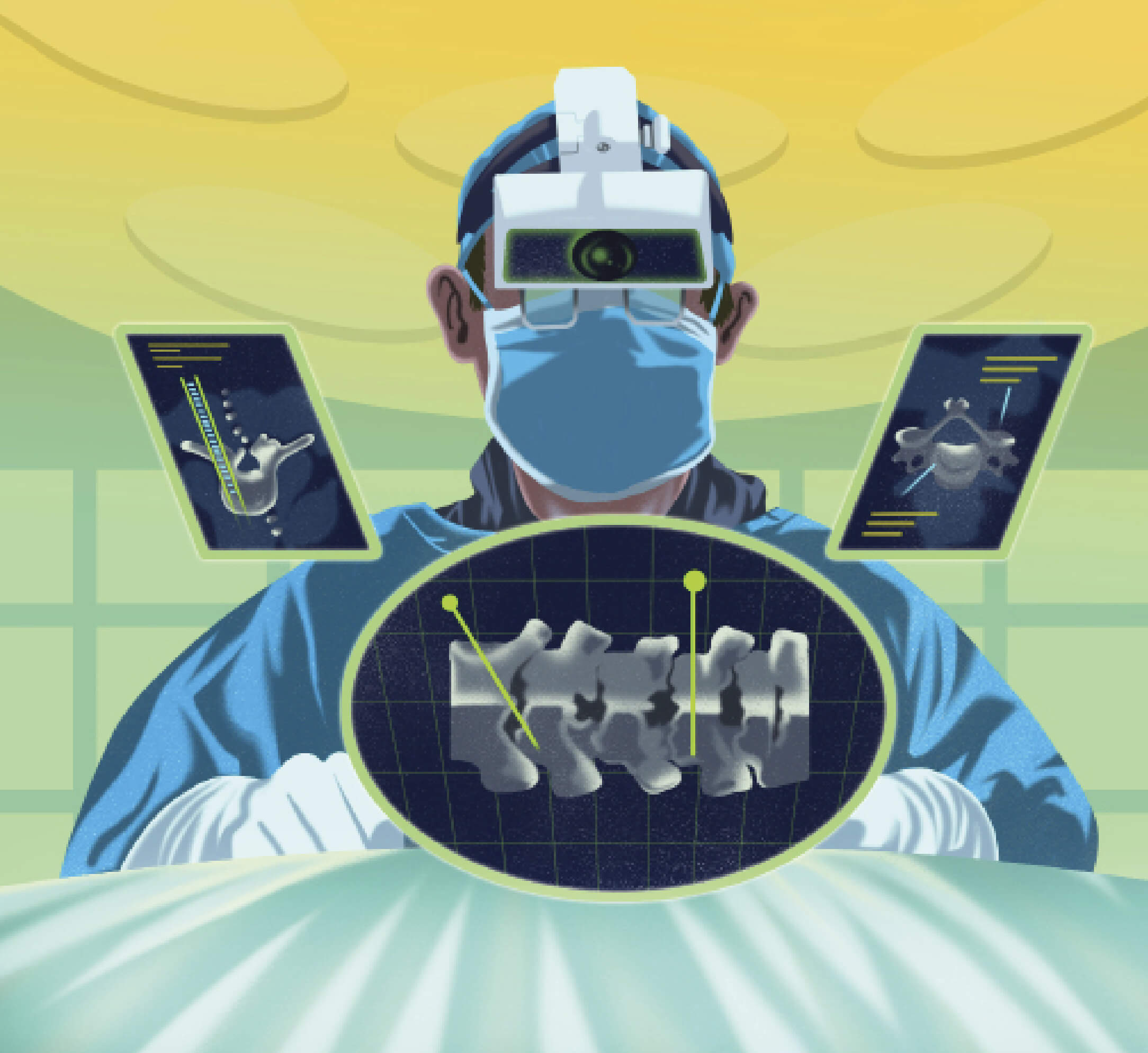 Illustration of a surgeon with a headset that gives him x-ray vision