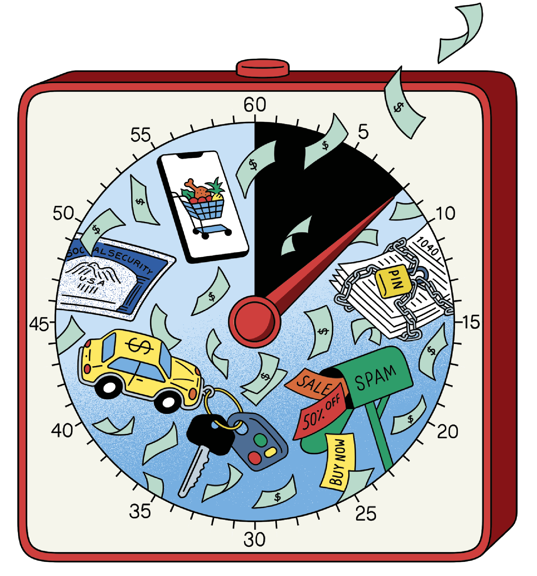 Illustration of an alarm clock with images of a phone, car, car keys, mailbox, social security card and money flying around in it