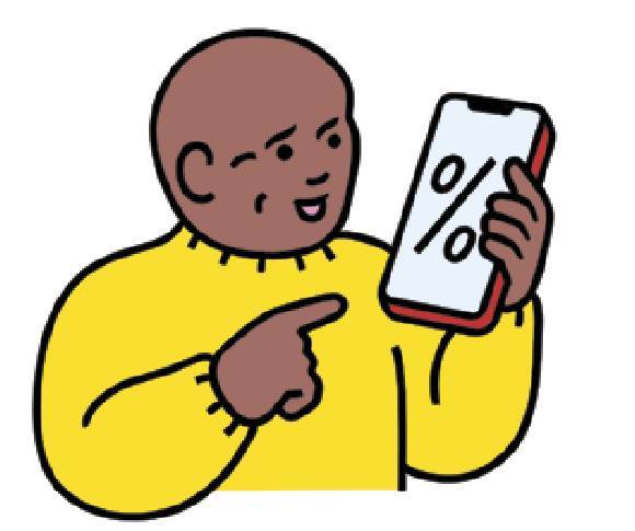 A man in a yellow sweater pointing at his phone screen with a percentage symbol on it