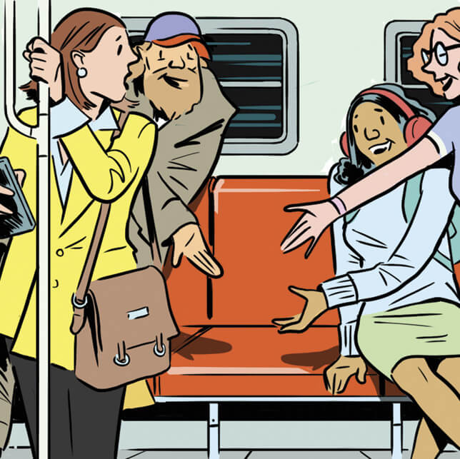 Illustration of a woman in a yellow trench coat standing in the subway. She is being offered a seat by 3 people around her