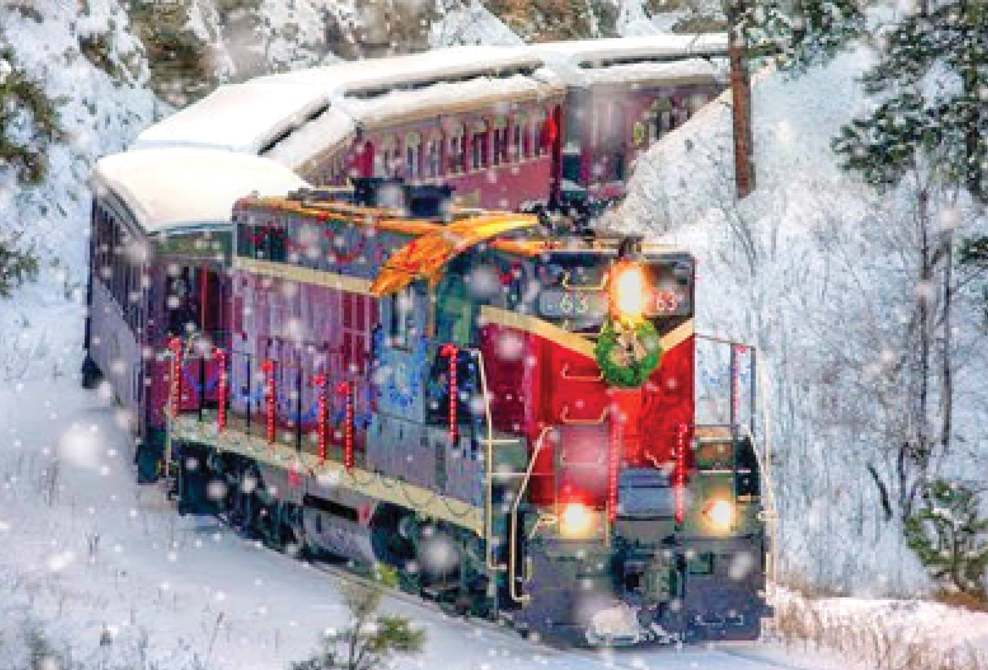 The holiday express train surrounded with snow and decked out in christmas decor