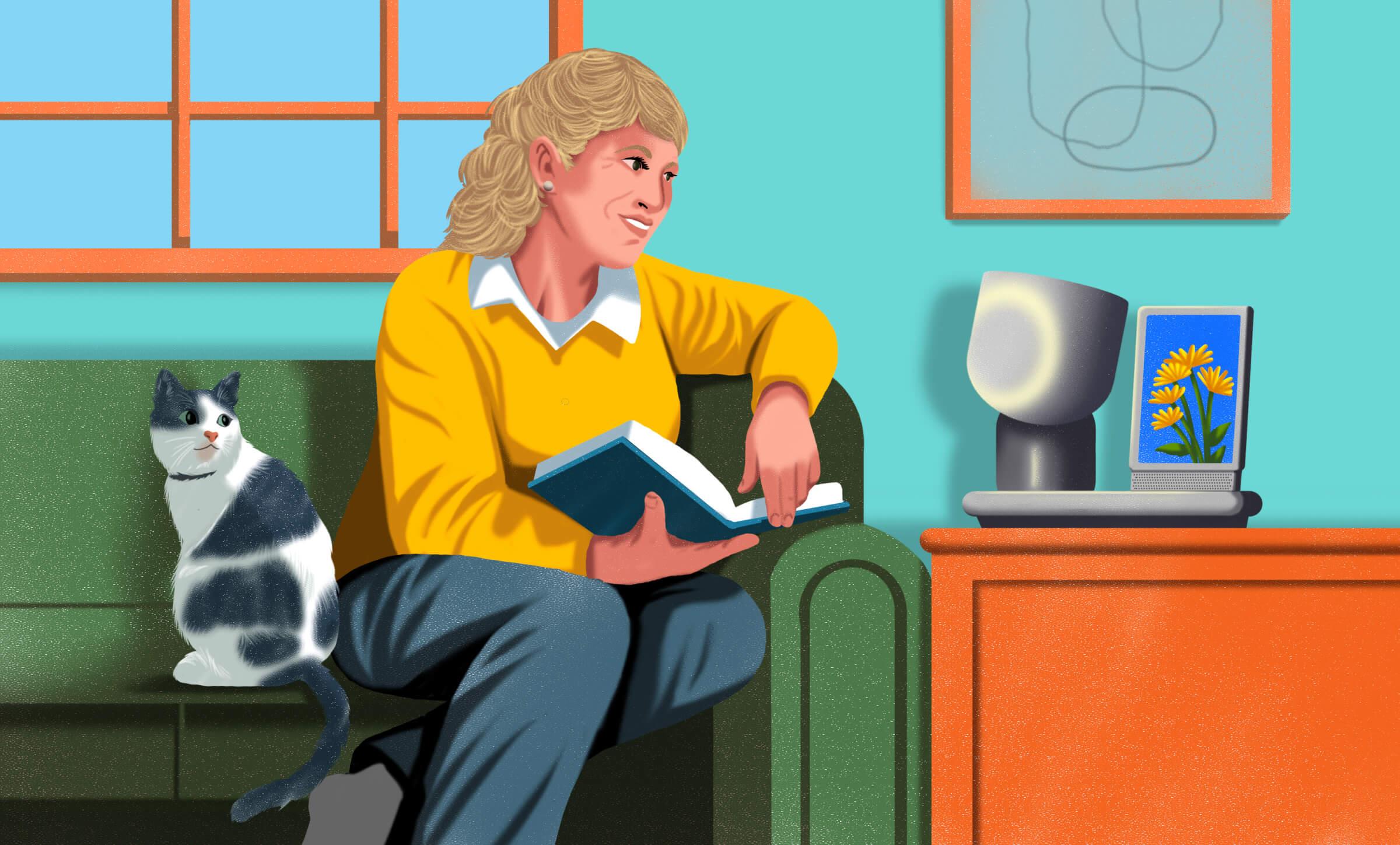Illustration of a woman sitting on a green couch and talking to a device. She also has a cat sitting next to her
