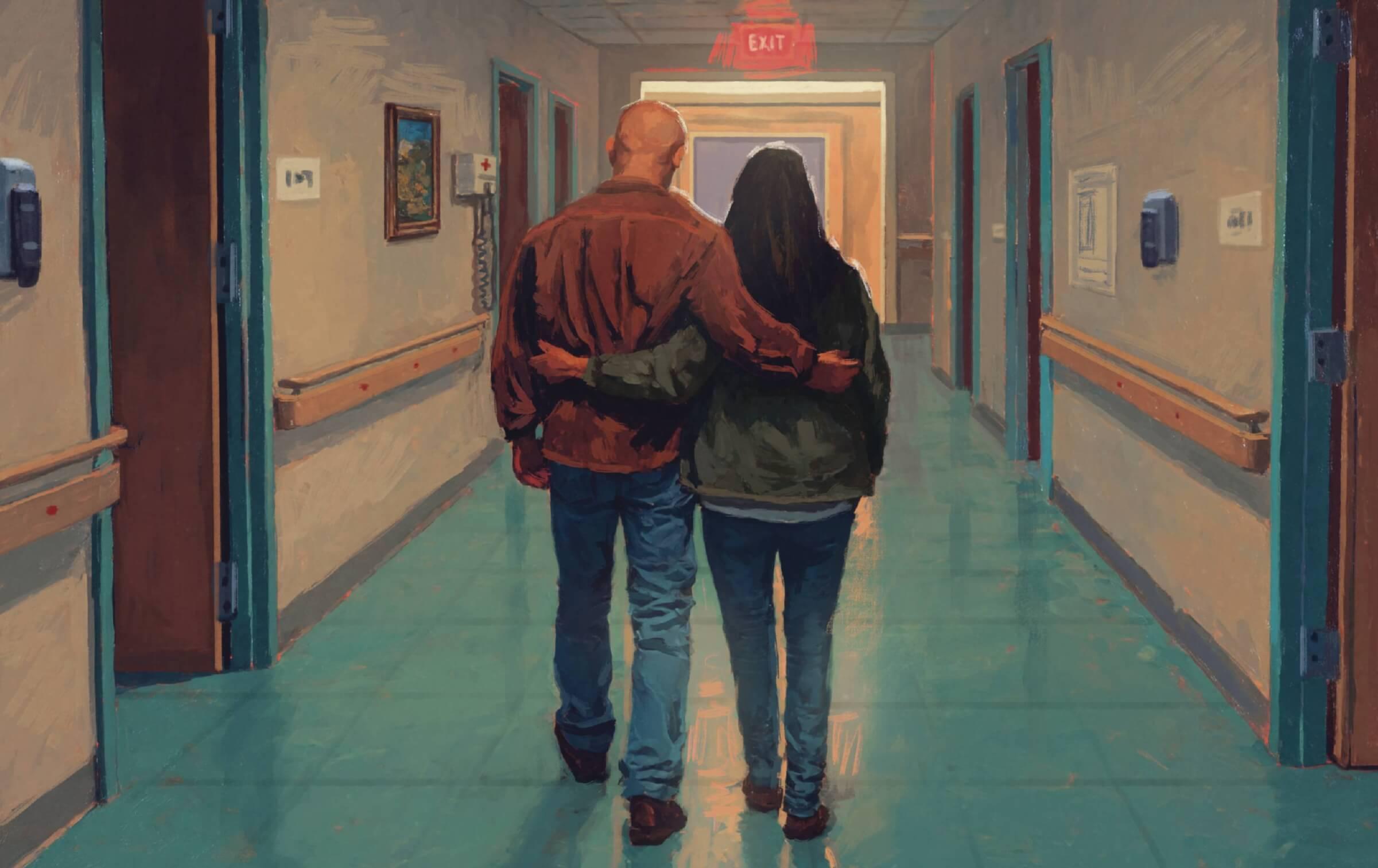 Illustration of Bruce Willis and his wife walking down the corridor of a hospital