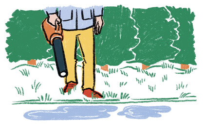 Illustration of a person using a leaf blower to dry a puddle on the pavement.