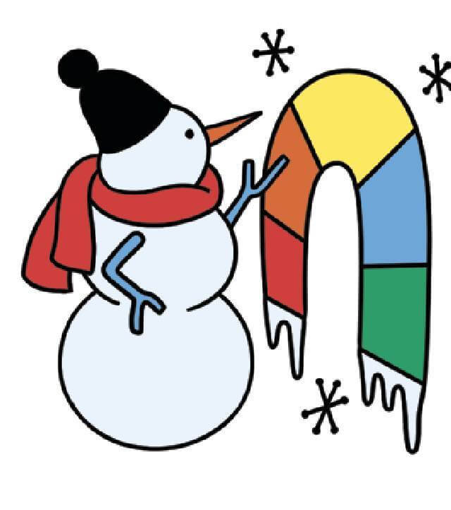 Illustration of a snowman wearing a red scarf looking at its credit score