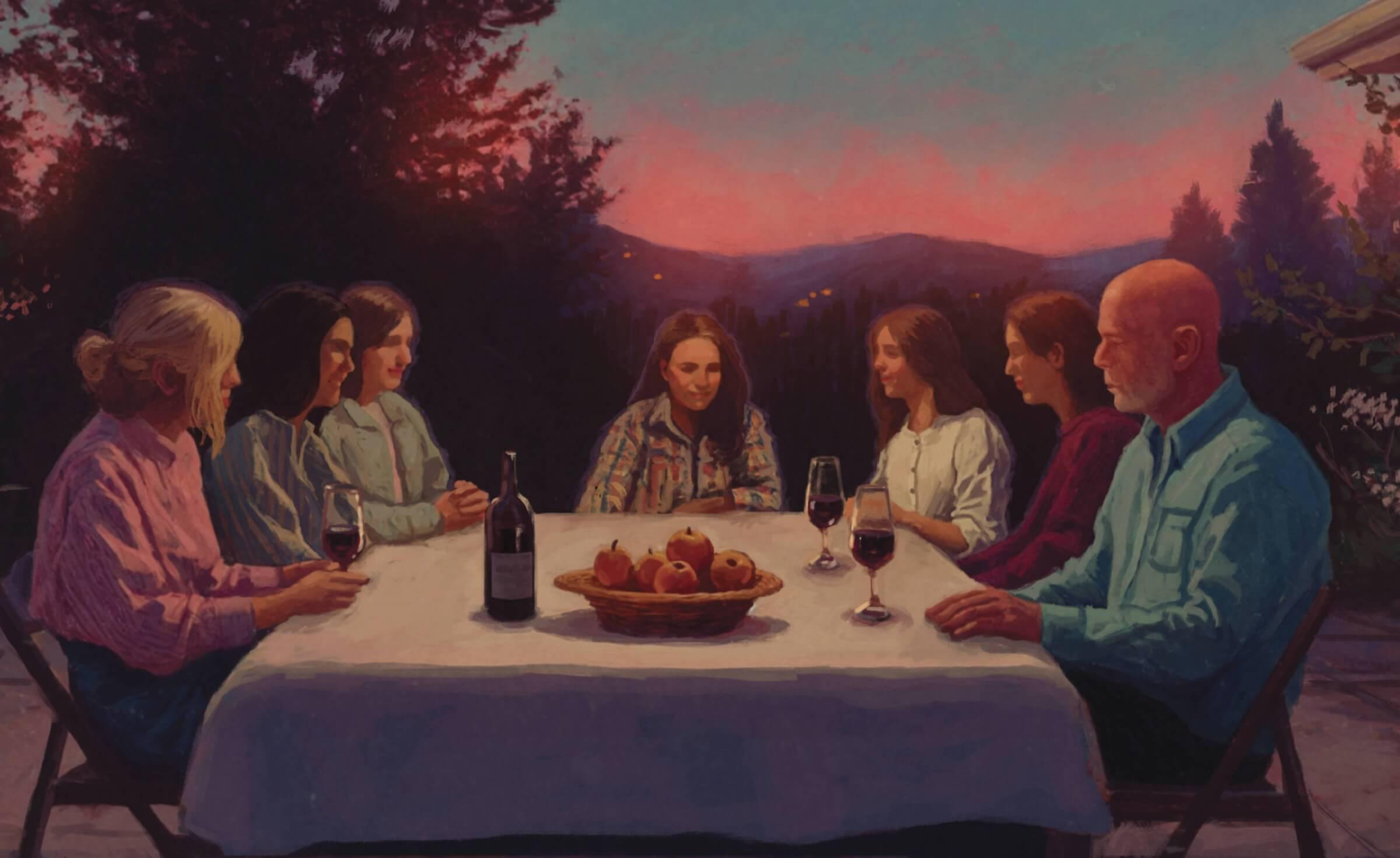Illustration of a dinner table with several woman seated along with Bruce Willis. They are all drinking wine and there is a basket of fruit kept at the front of the table