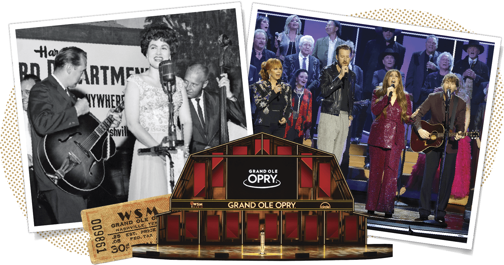 A photo collage of images represing country music. An old concert ticket, the Grand Ole Opry stage, a blakc and white photo of Patsy Cline Singing ...
