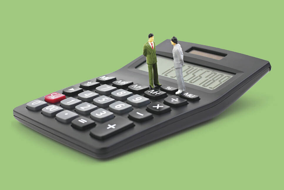 Photo collage of a calculator with two men standing on the keys