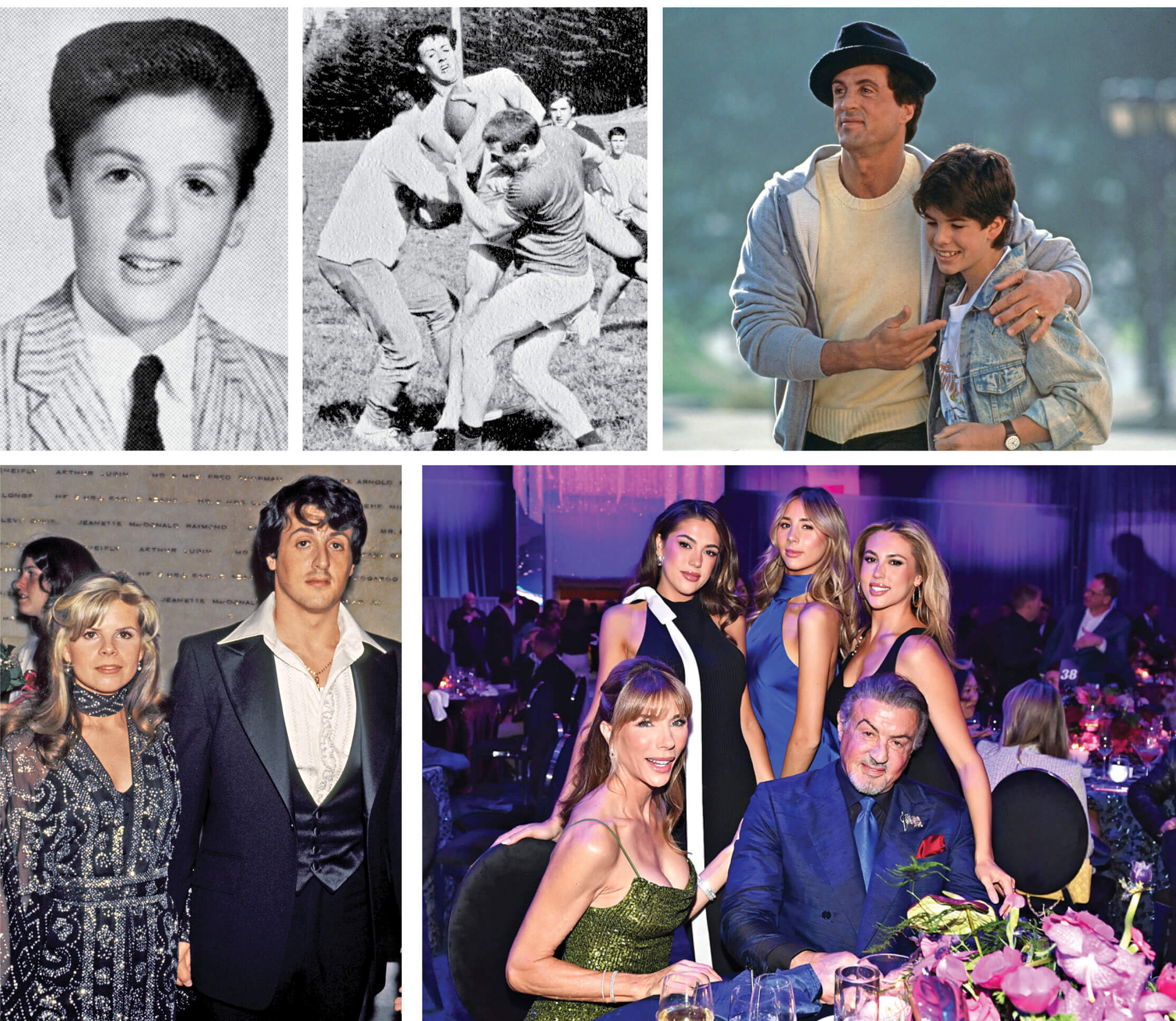 Various pictures of Stallone from different periods in his life. Stallone in eighth grade, at college football, with son Sage on Rocky V set, in Las Vegas in 2024 with daughters Sistine, Scarlet, Sophia and wife Jennifer Flavin and at 1977 Oscars with then-wife Sasha Czack