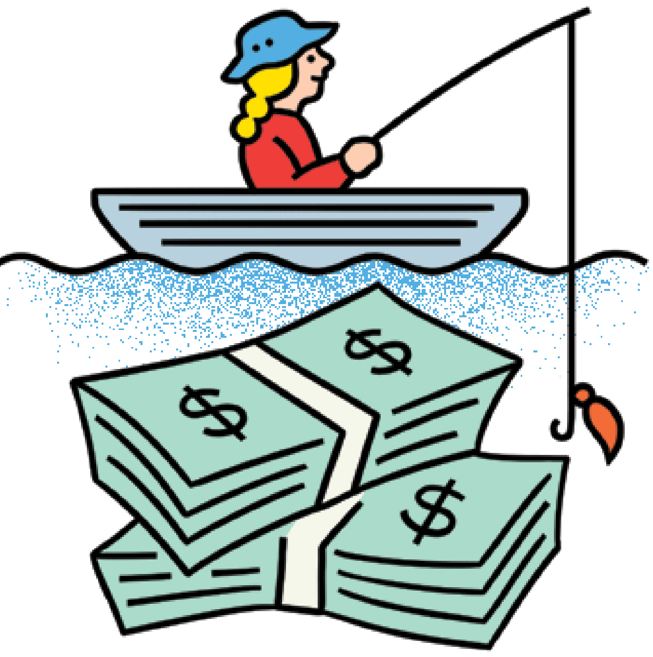 Illustration of a girl sitting in a boat and fishing for stacks of money that is underwater