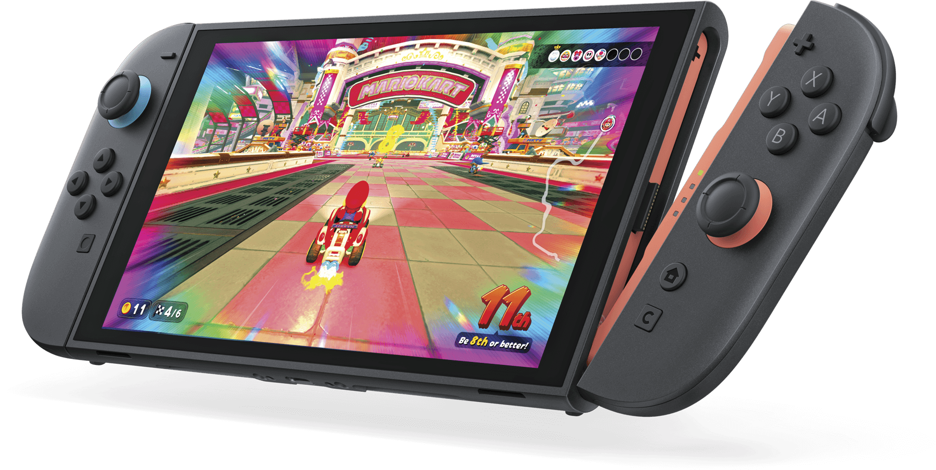 Photograph of a Nintendo switch playing Mario Kart World