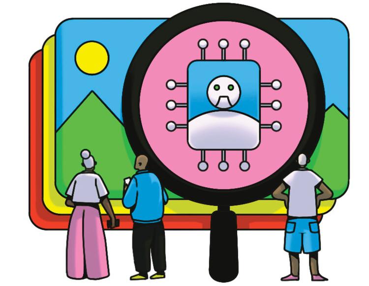 Illustration of people standing in front of an image, with a magnifying glass over it