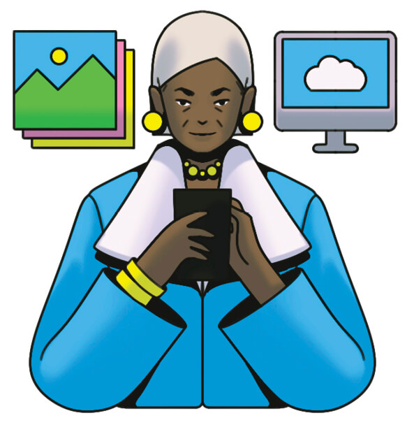 Illustration of a woman holding a cell phone, with icons of photos and a desktop floating above her
