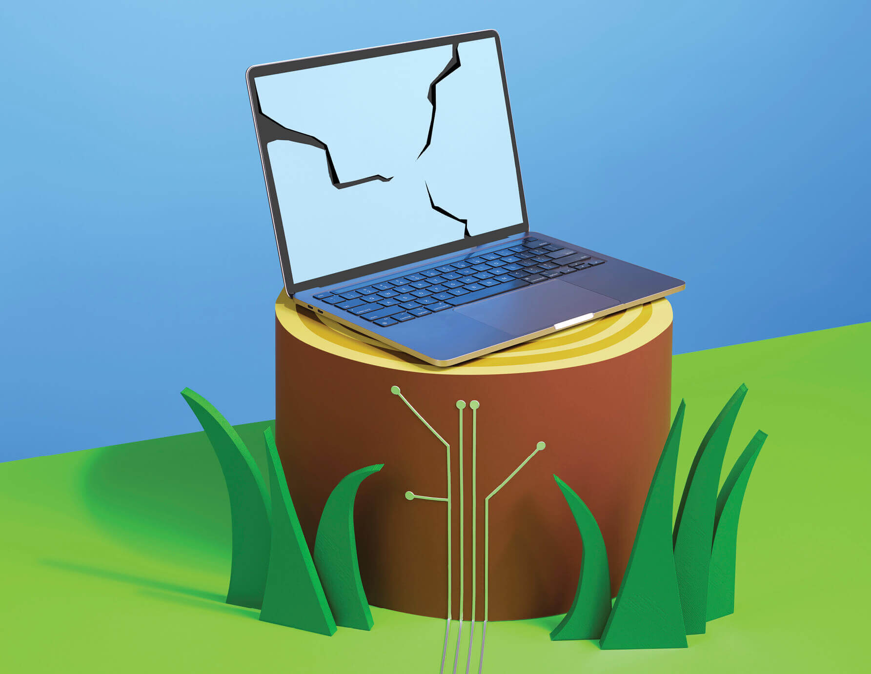 Photo illustration of a laptop with a cracked screen sitting on a tree trunk
