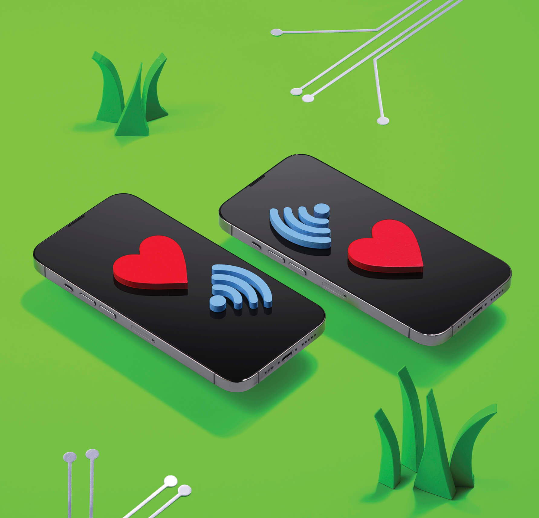 Photo of two cell phones with hearts and wifi symbols on them