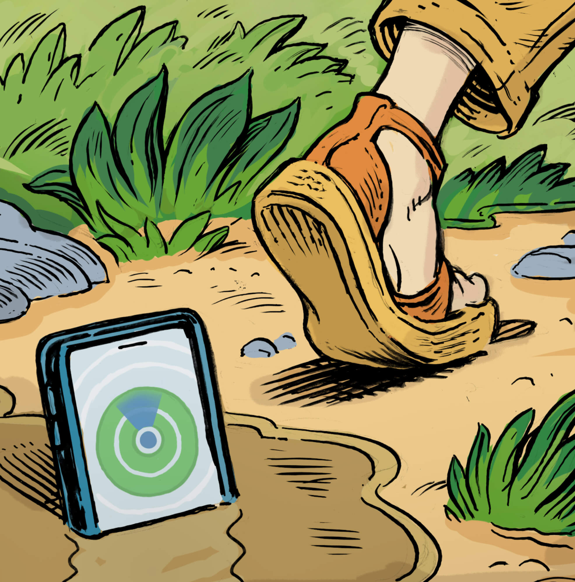 Illustration of a cellphone in the mud, with Find my Friend signal on screen