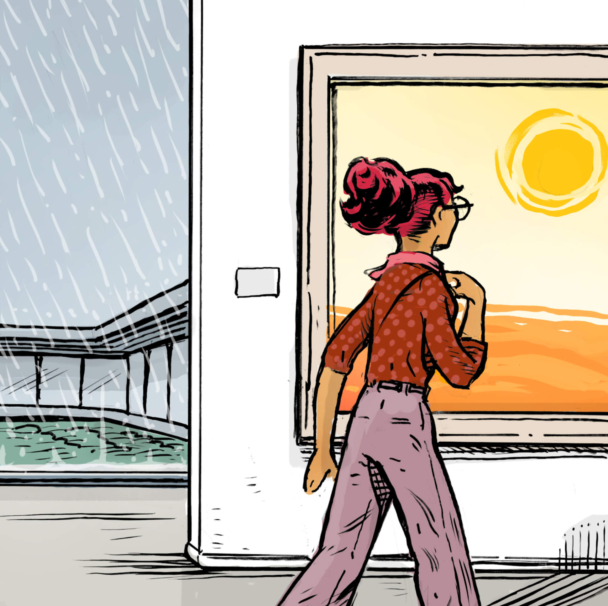 Illustration of a woman at an airport, it's raining outside. She's looking at a painting of a sun