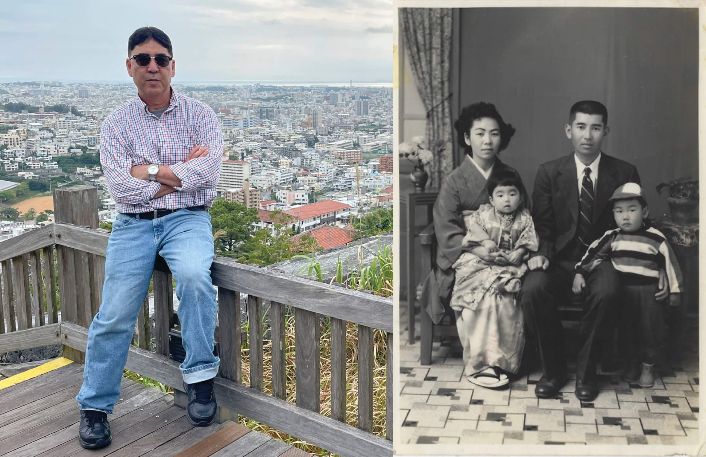 Photo of Jon Arakaki in Okinawa next to a historical photo of his relatives