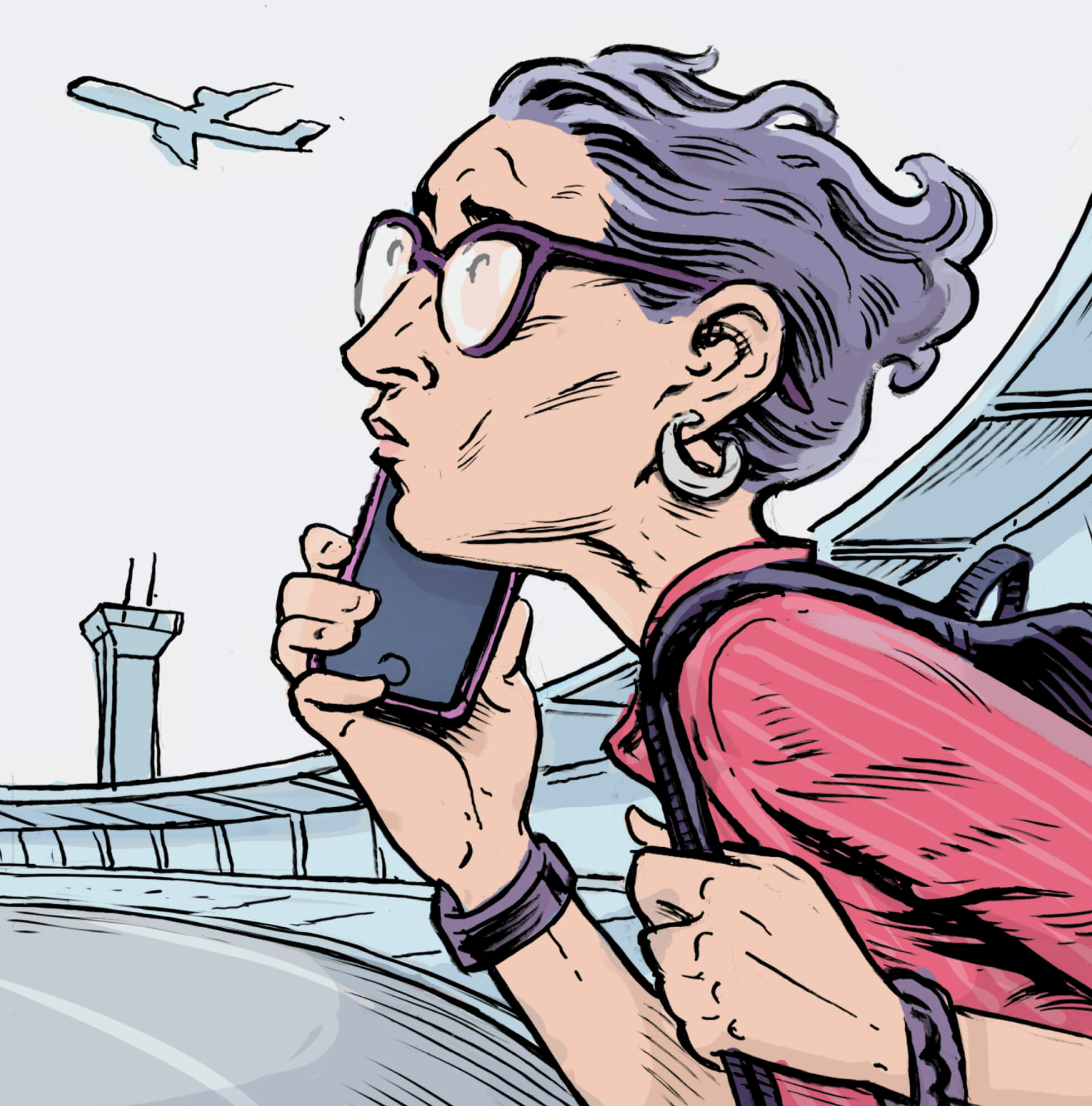 Illustration of a woman on her cellphone, arriving at the airport