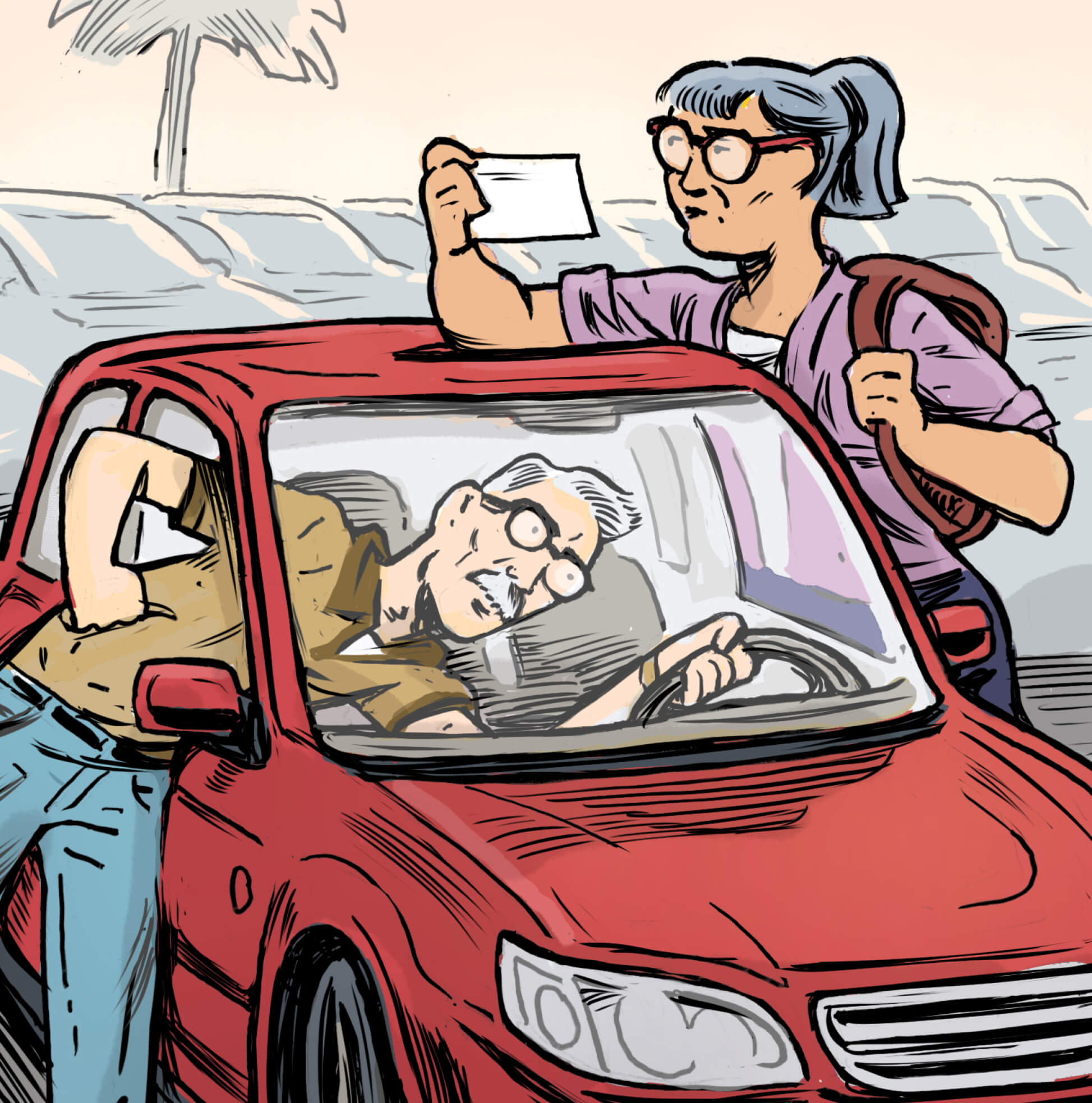 Illustration of a man and a woman inspecting a rental car