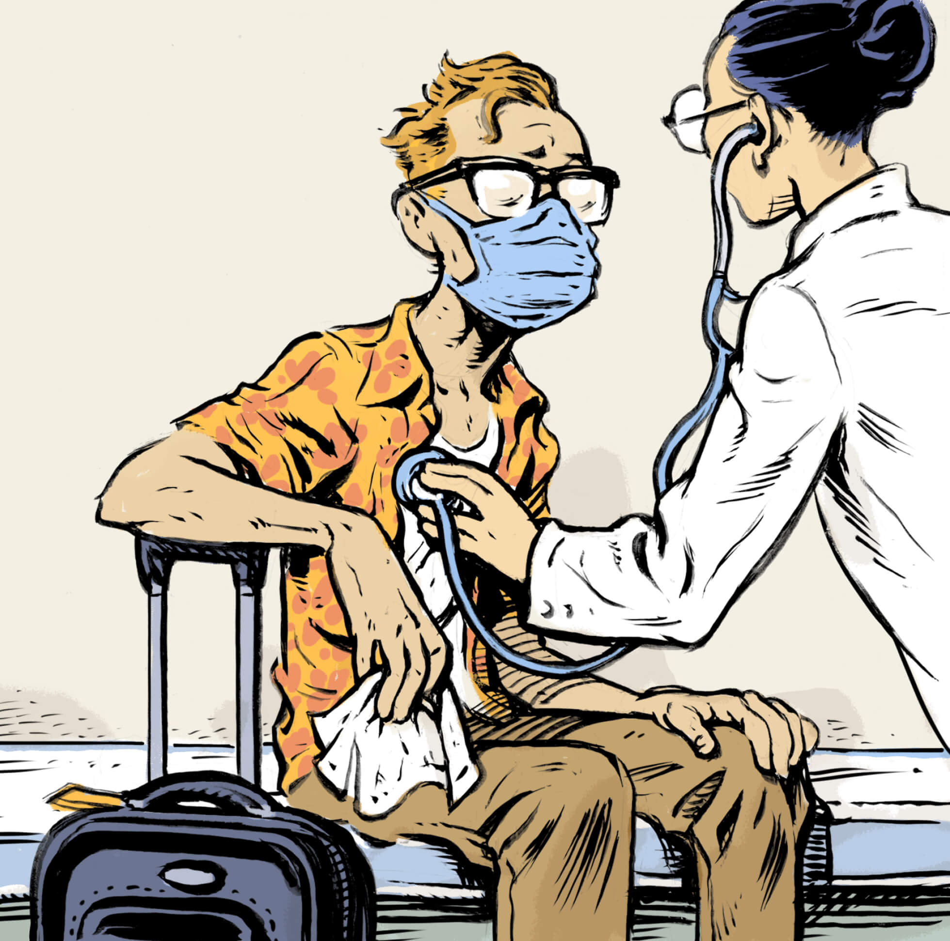 Illustration of a man wearing a face mask, a doctor is listening to his heartbeat