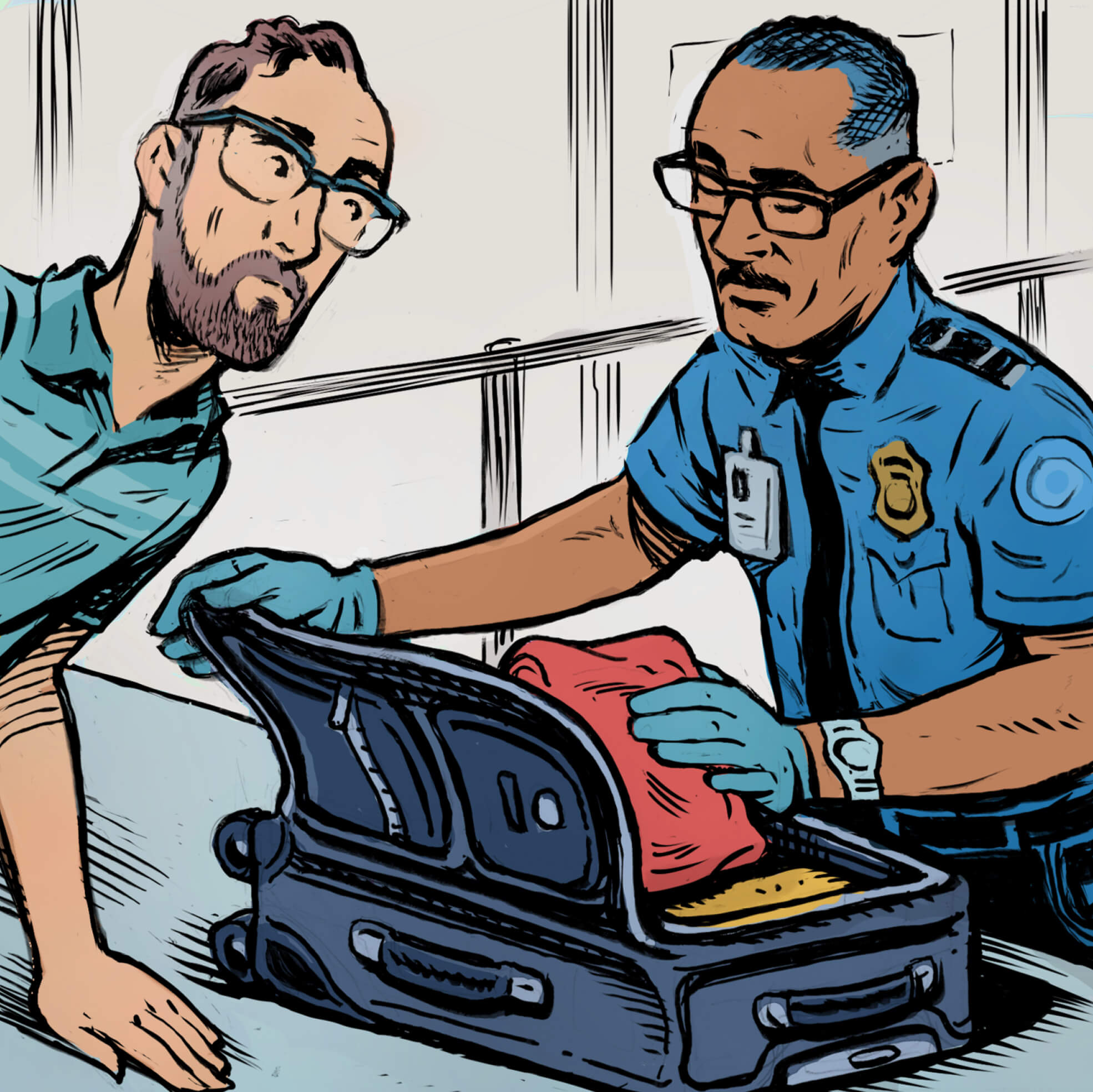 Illustration of a man's suitcase being checked by TSA