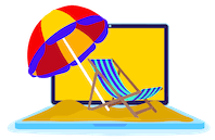 Icon of a laptop that has a beach chair and umbrella on the keyboard