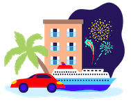 Icon of a car, a cruise ship, and hotel