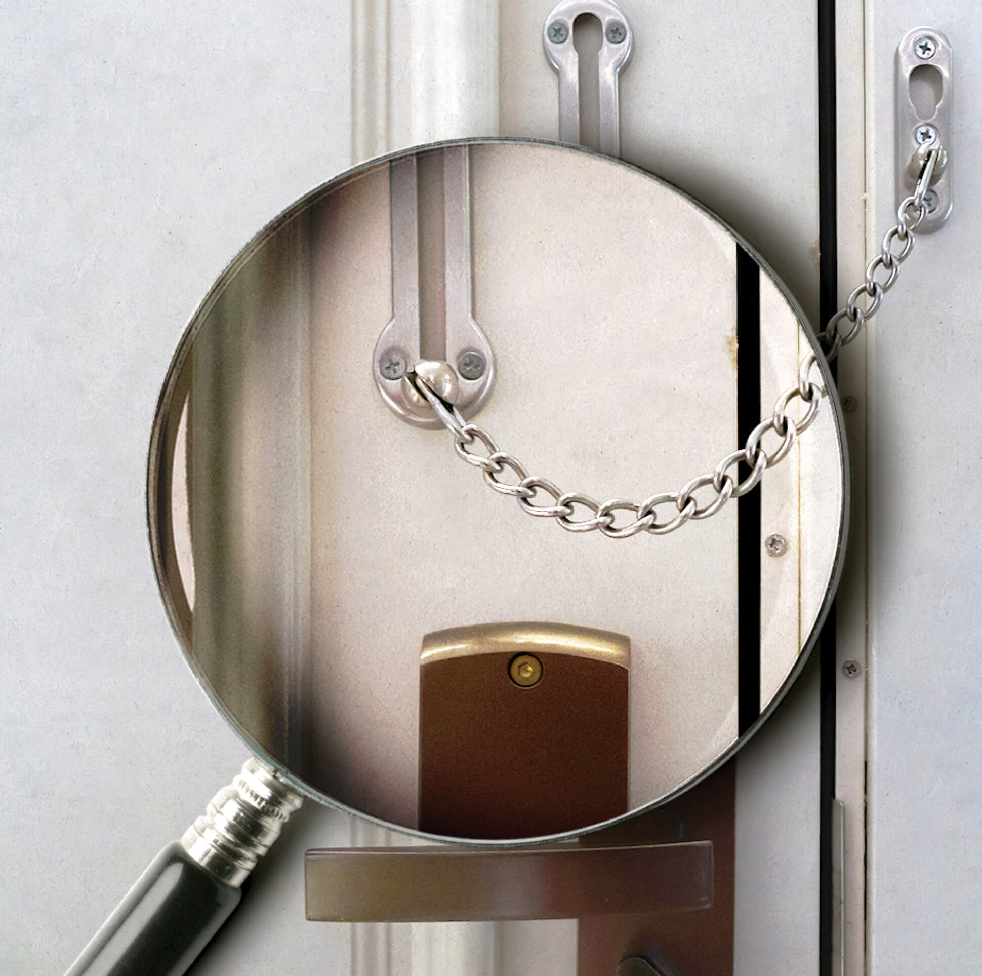 Photo illustration of a magnifying glass over a dead bolt lock