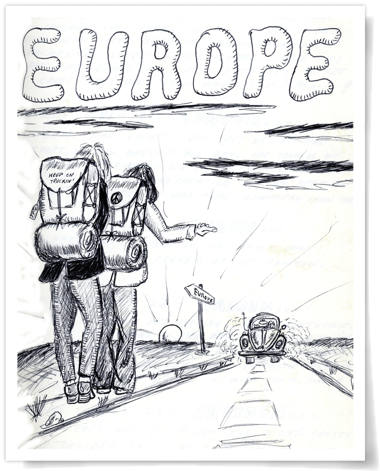 Drawing of two traveling hitchhikers