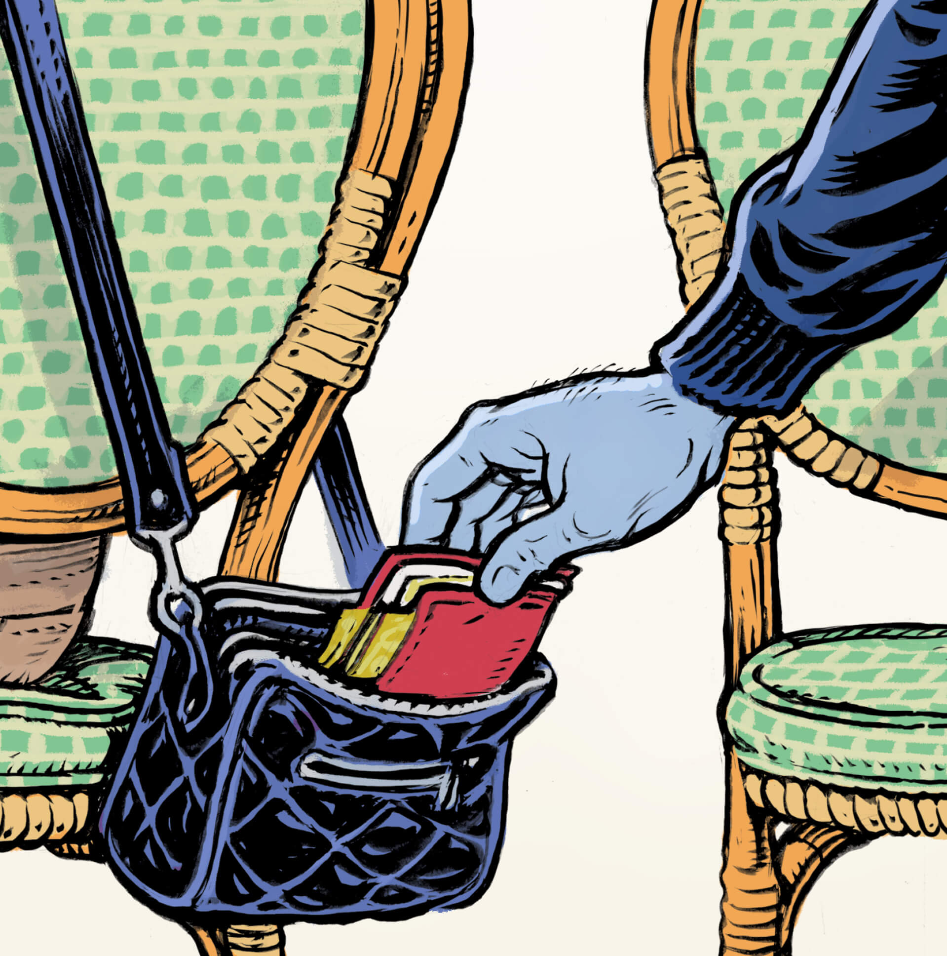 Illustration of a purse on the back of a cafe seat, a gloved hand is reaching in for a wallet