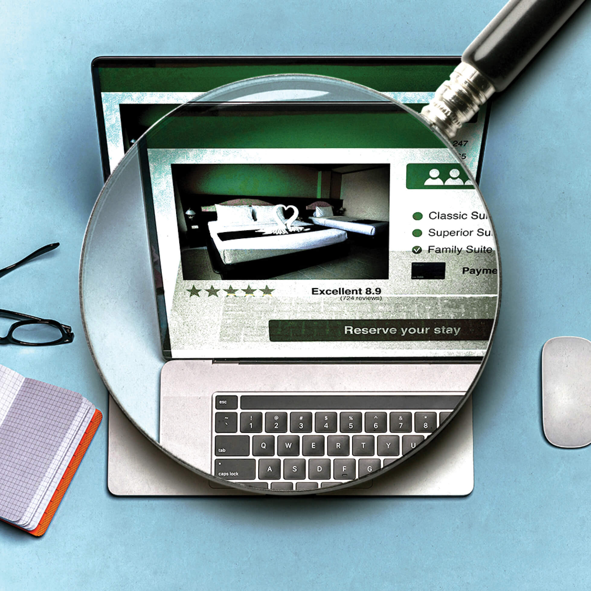 Photo illustration of a magnifying glass over a hotel room listing on a laptop