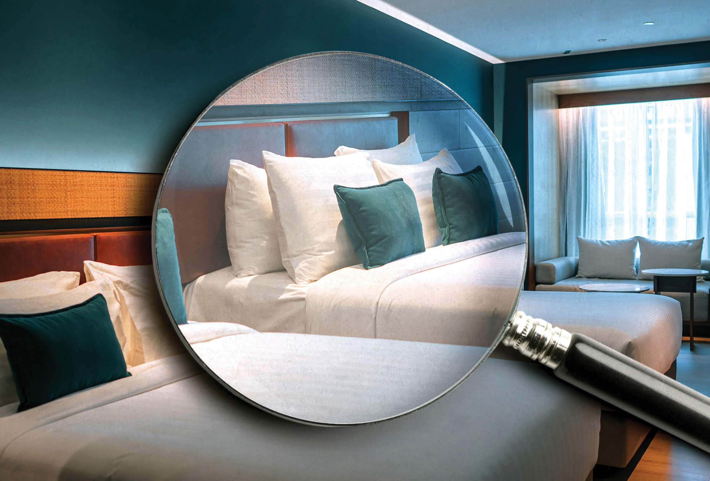 Photo illustration of a hotel bedroom with a magnifying glass over the pillows