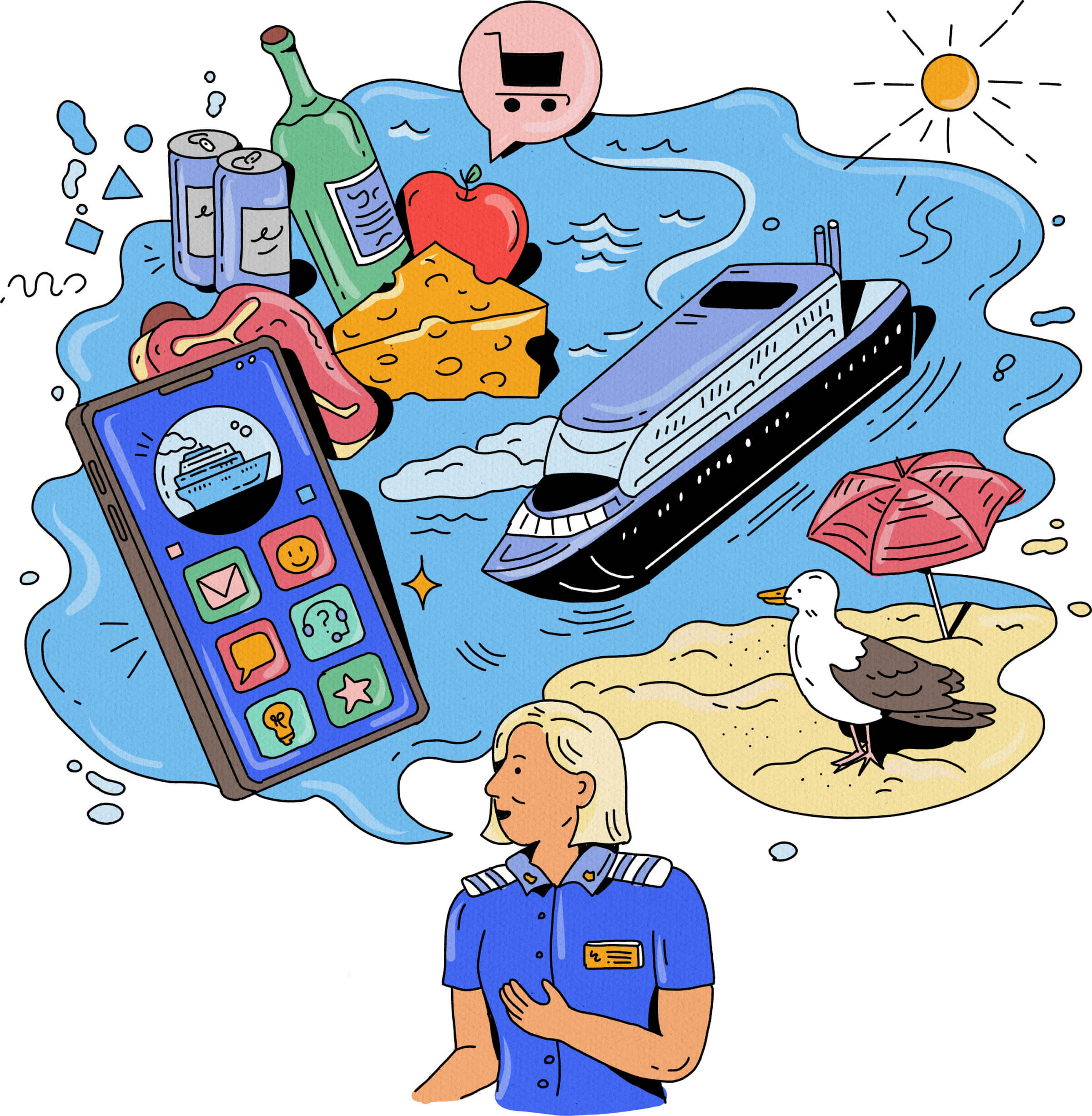 Illustration of a female cruise director, thinking up attractions for cruisers