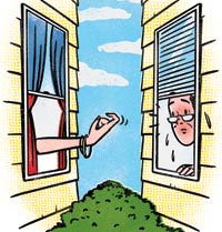 Cartoon of a frisky female neighbor beckoning a man through a side window.