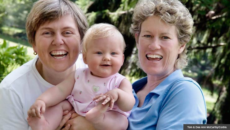 Happy lesbian couple with baby daughter for financial planning for LGBT 50+