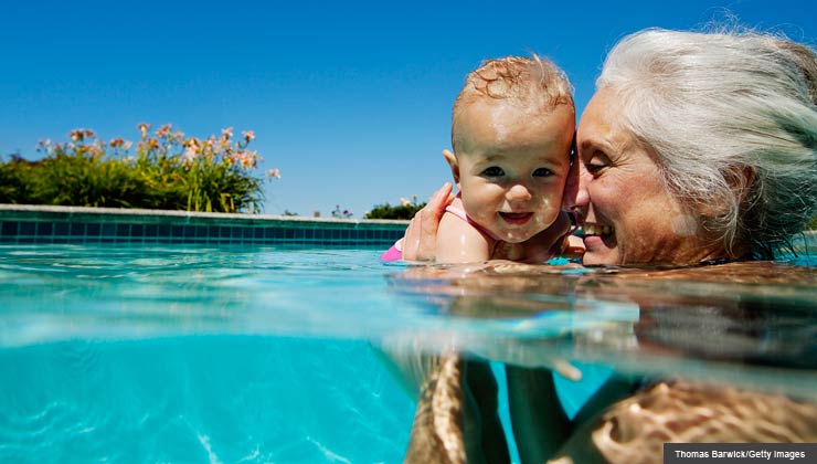grandma with baby granddaughter in pool, 10 things to love about being a grandma