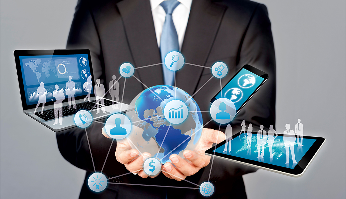 Illustration of businessman, laptop computer, smartphone, tablet device, Internet, social media, AARP Research, Technology