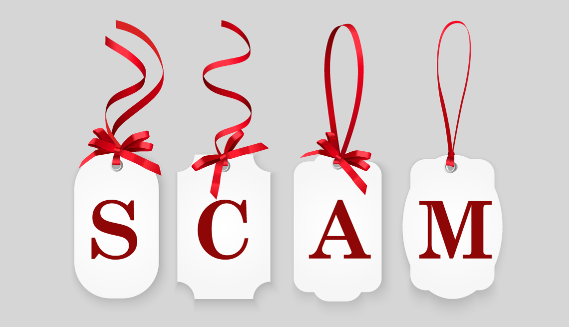 Four white gift tags with red ribbons. Tags spell scam