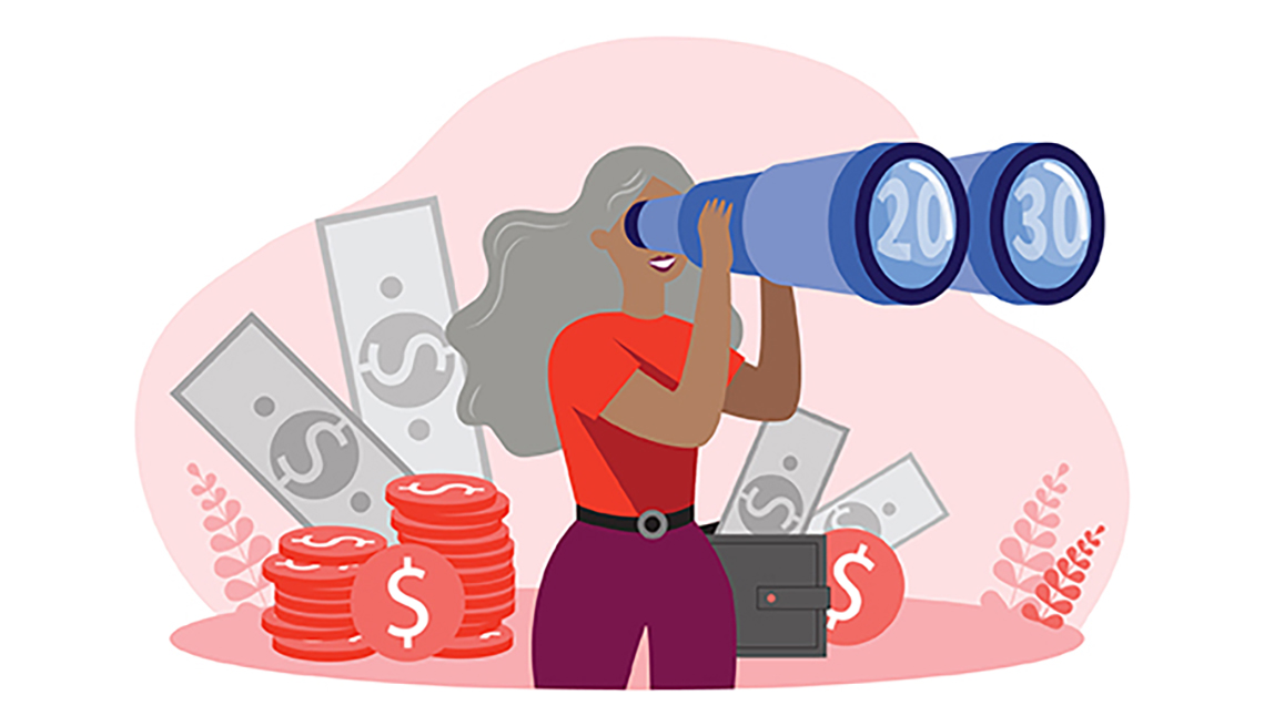 Illustration woman with binoculars and money