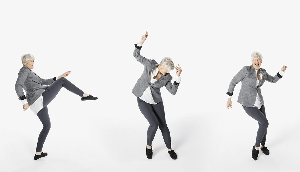Three sequential images of a woman dancing