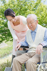 Japanese caregivers and senior in the field 