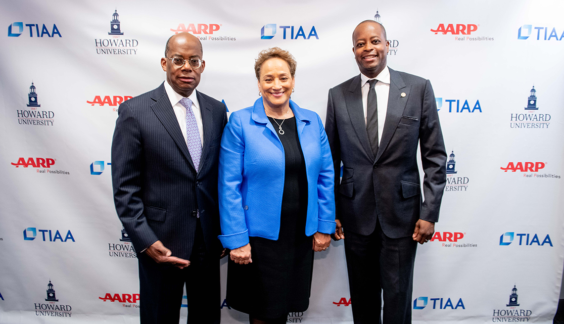 TIAA CEO Roger W. Ferguson, AARP CEO Jo Ann Jenkins, and Howard University President Wayne A. I. Frederick, M.D., MBA. at Jan 31, 2020 pose for photo at Howard U campus event 