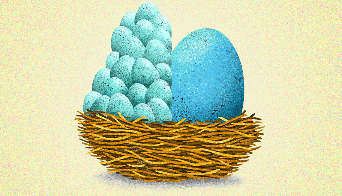 Ilustración de un nido con un huevo grande y huevos pequeños apilados.