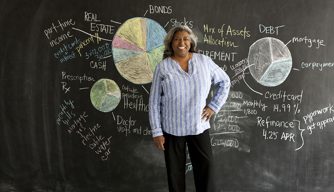 Mujer sonriendo frente a un tablero con notas de un presupuesto financiero para la jubilación.